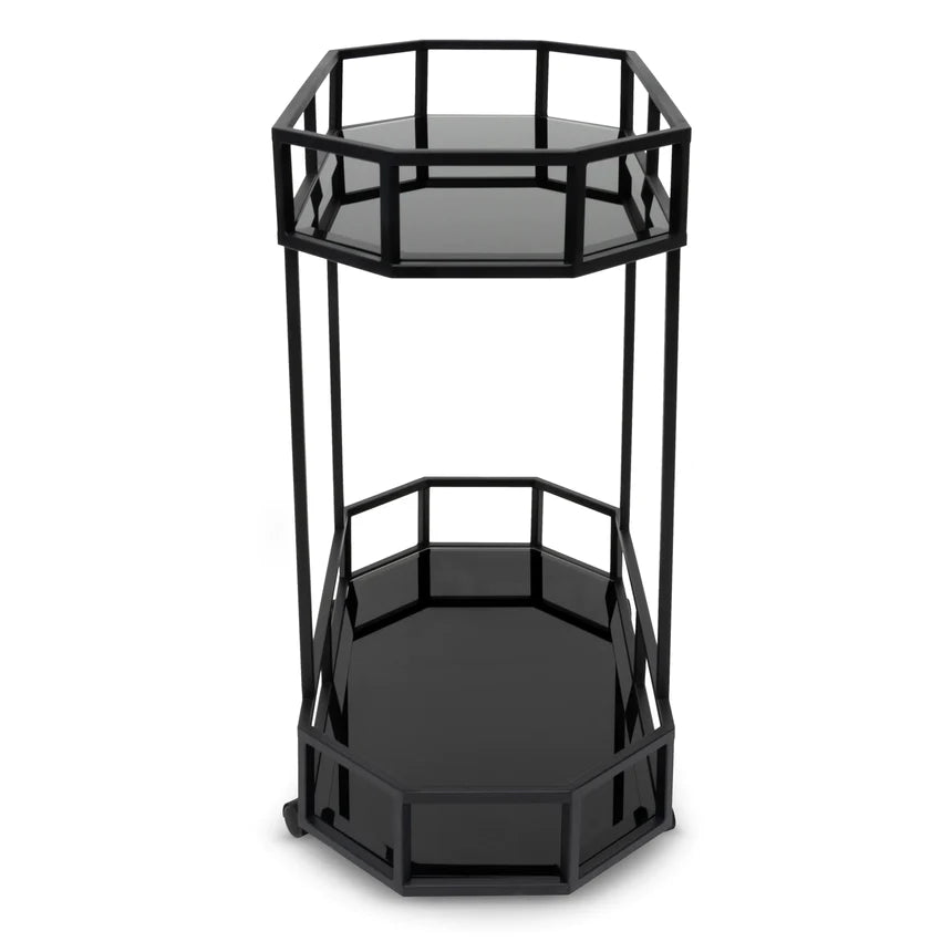 Octagon Black Glass Metal Bar Cart