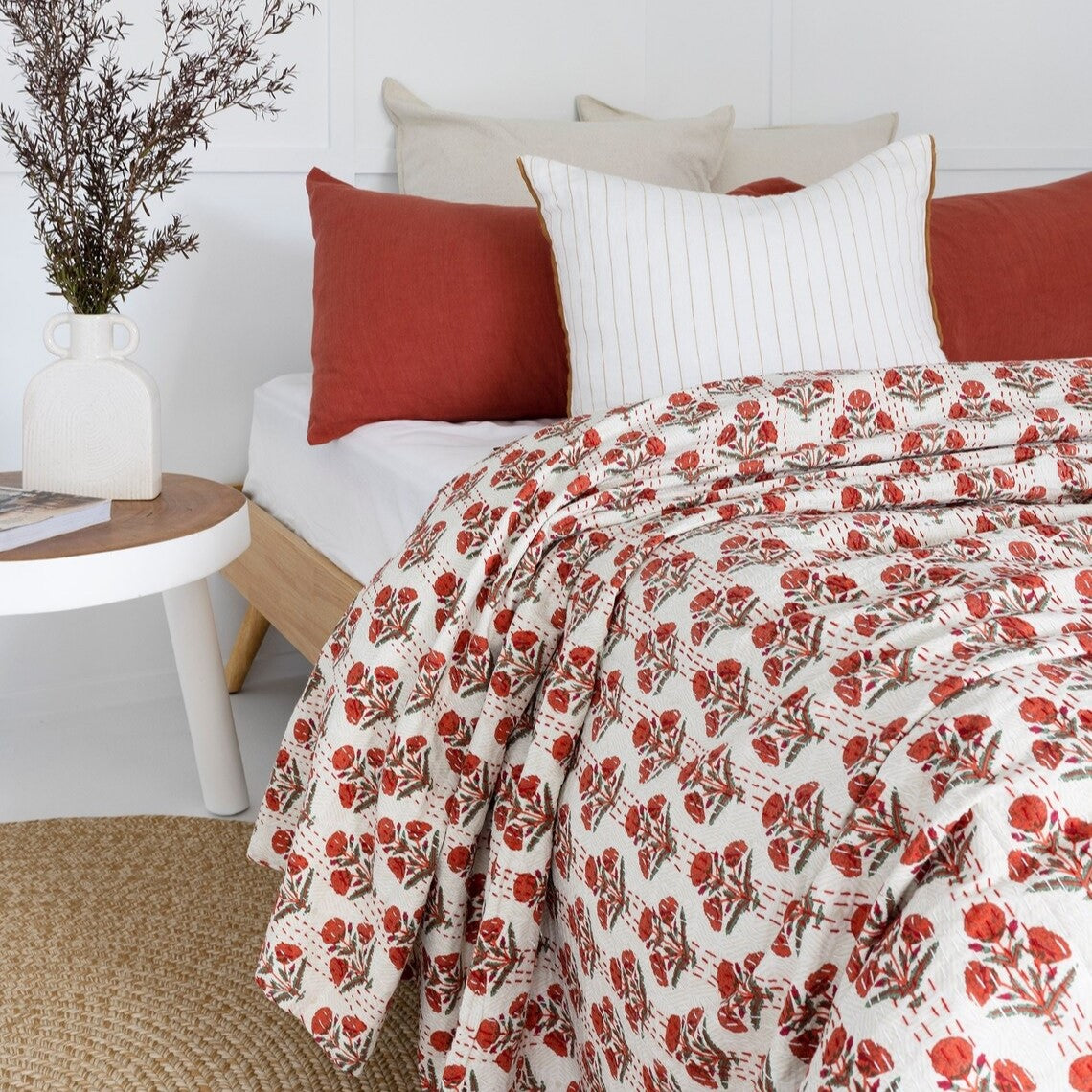 Orange Floral Designed Cotton Bedspread