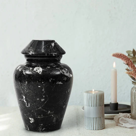 Ornate Marble Traditional Urn - Black