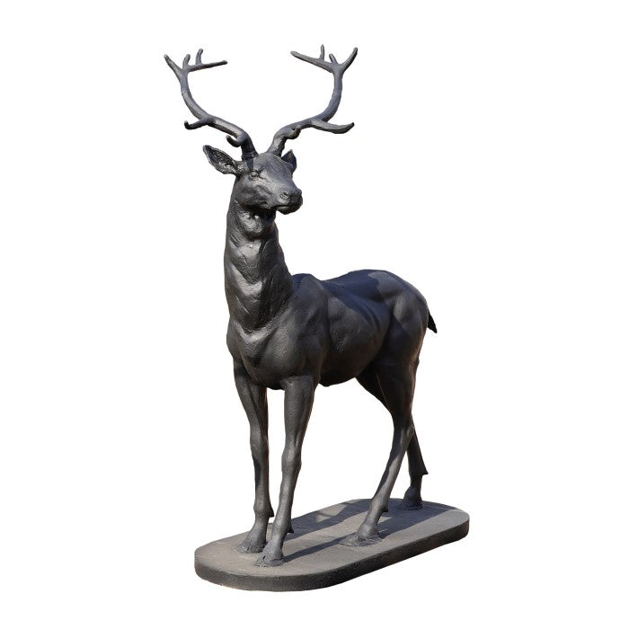Outdoor Cast Iron Stag Heads Left Statue - Black