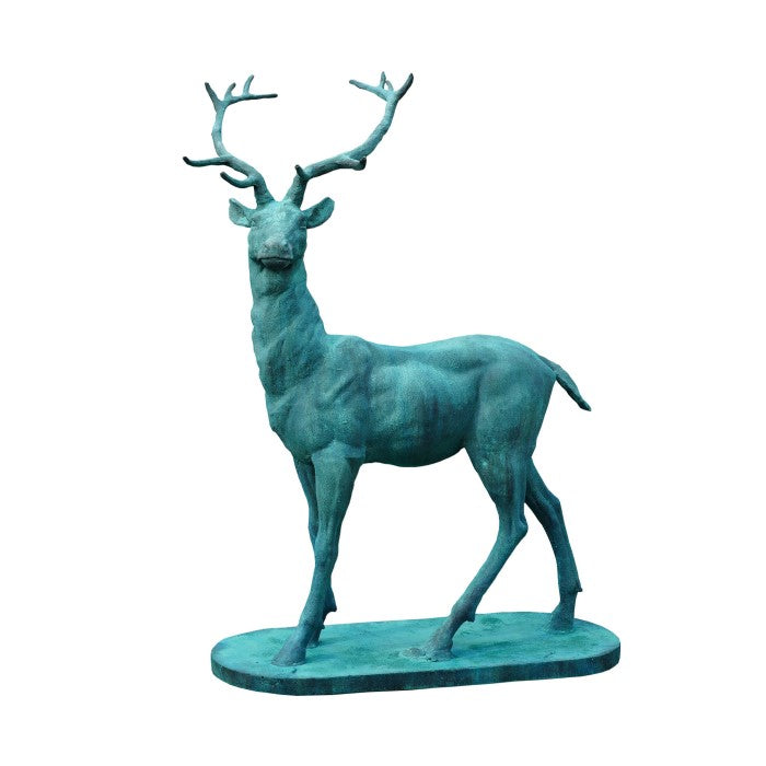 Outdoor Cast Iron Stag Heads Left Statue - Verdigris