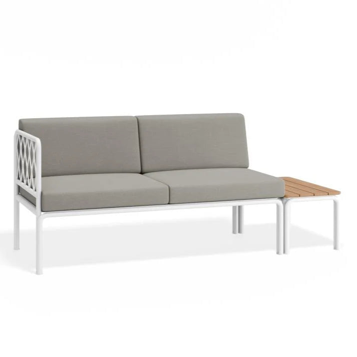 Outdoor White 2-Seater Cushion Sofa with Teak Top - Sandy Grey