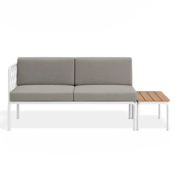 Outdoor White 2-Seater Cushion Sofa with Teak Top - Sandy Grey