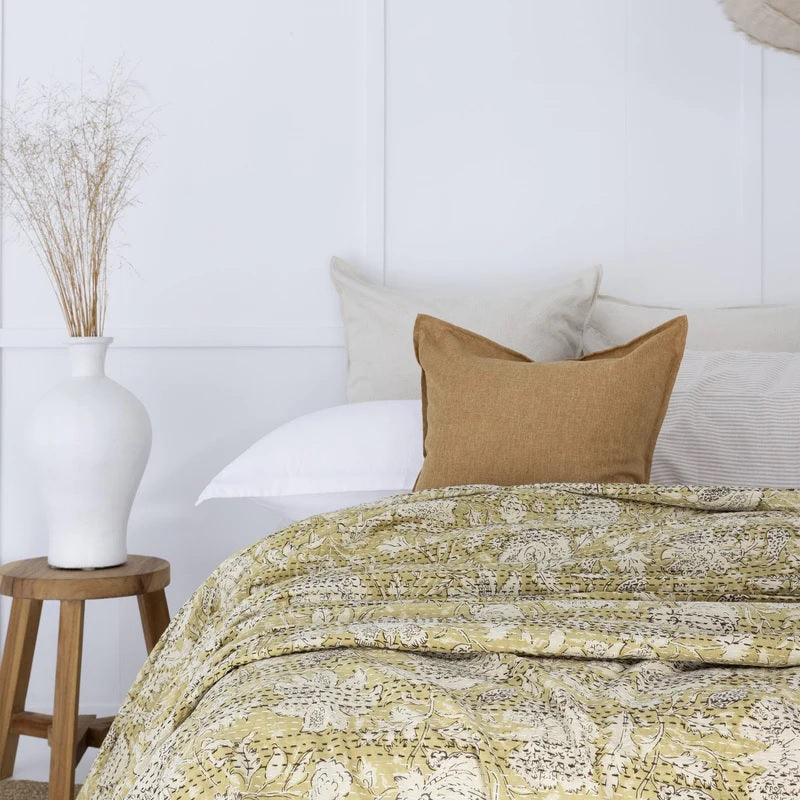 Pale Green Flora Fauna Inspired Cotton Bedspread