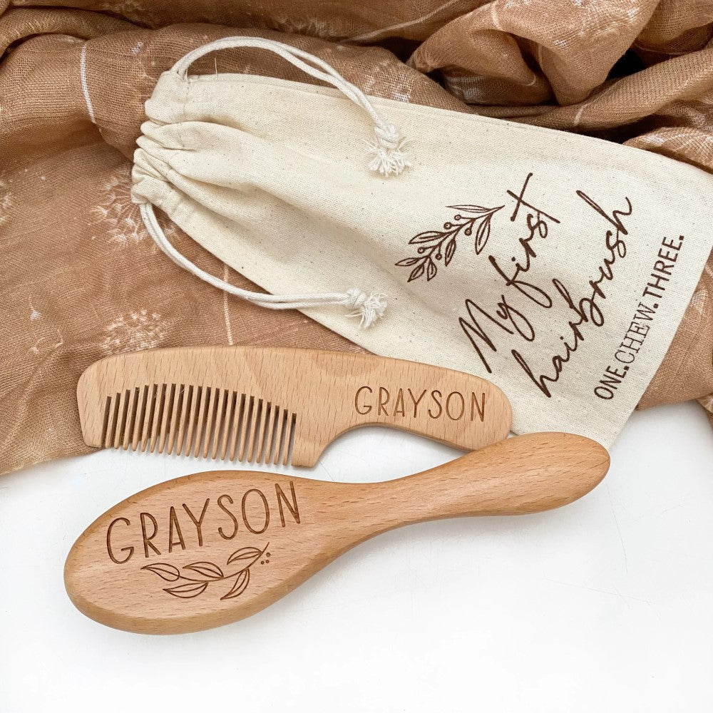 Personalised Baby Hair Brush (Goat Hair) & Comb Set (Name Only)