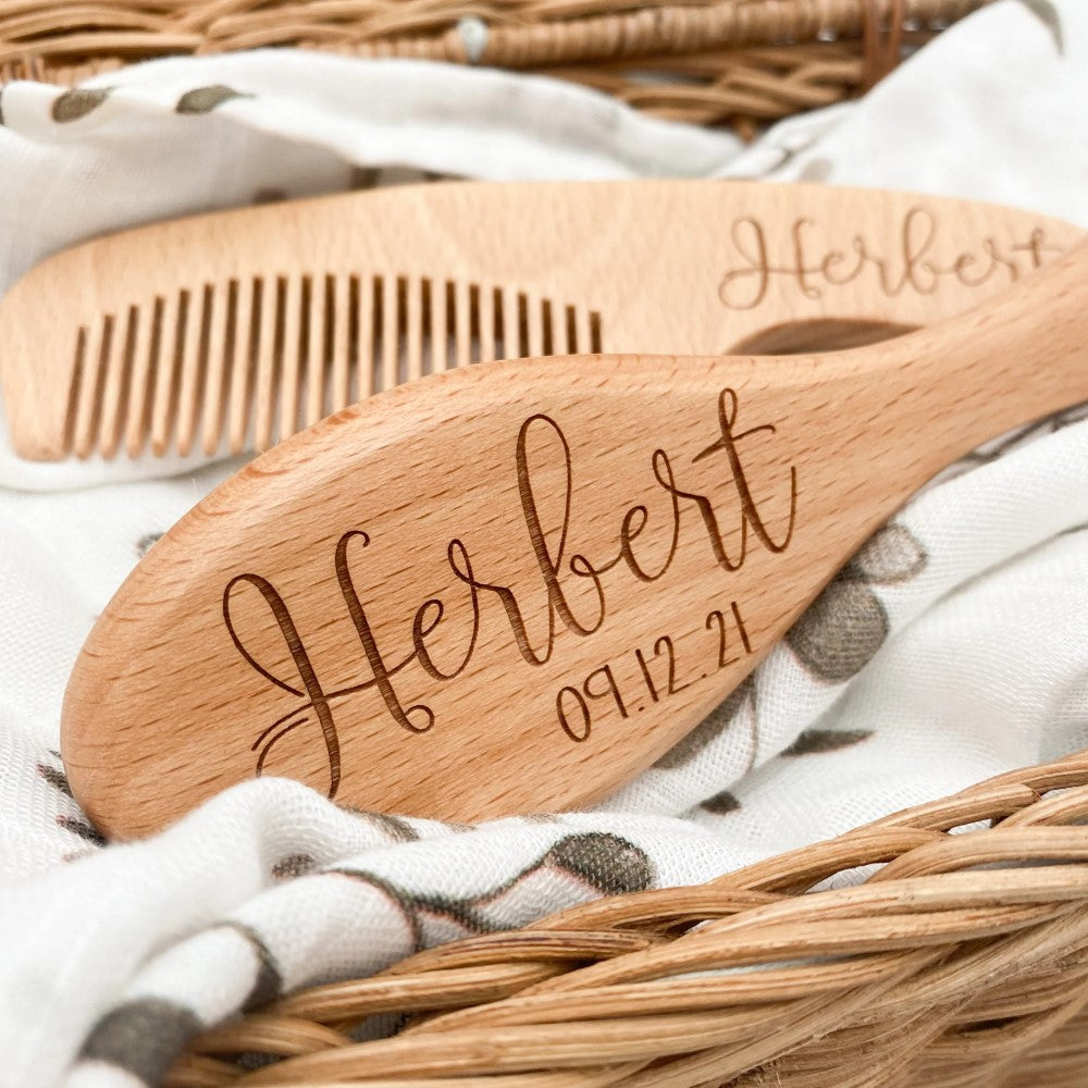 Personalised Baby Hair Brush (Goat Hair) & Comb Set (Name & Birthdate)