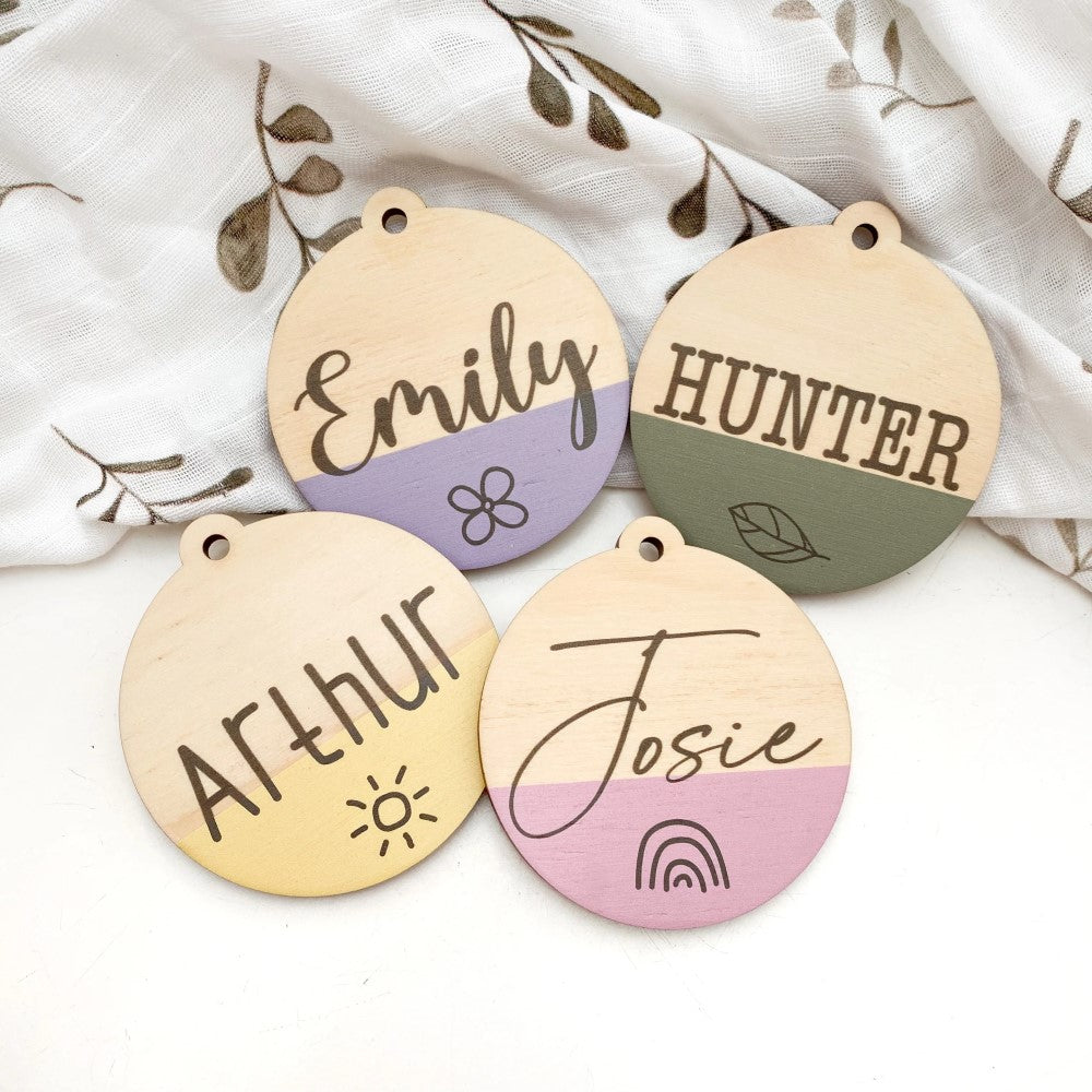 Personalised Dipped Timber Bag Tags (Choose from 9 Colours)