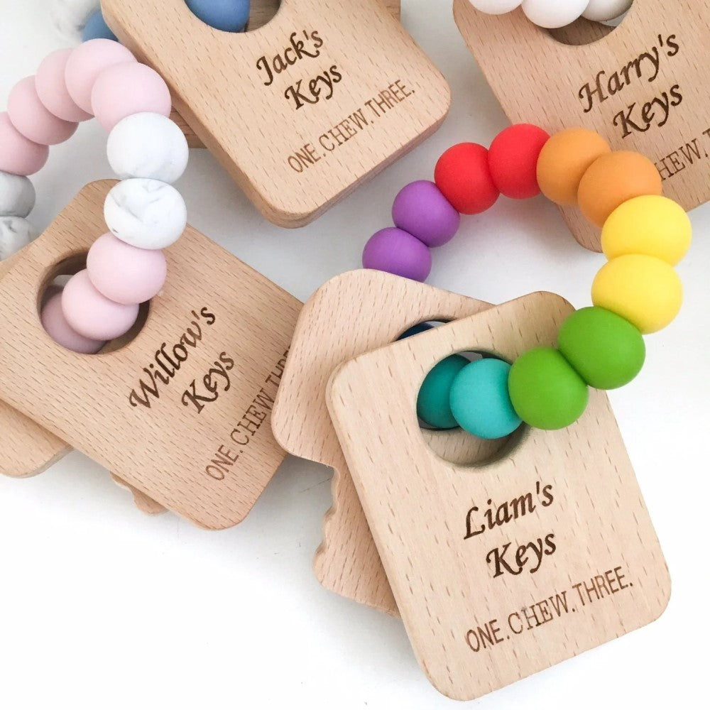 Personalised KEYS TO MY HEART Silicone and Wood Teether