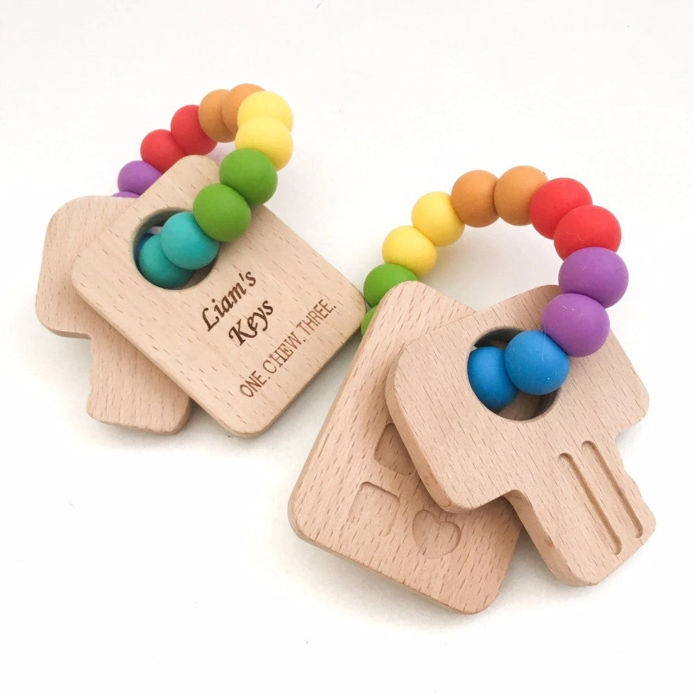Personalised KEYS TO MY HEART Silicone and Wood Teether