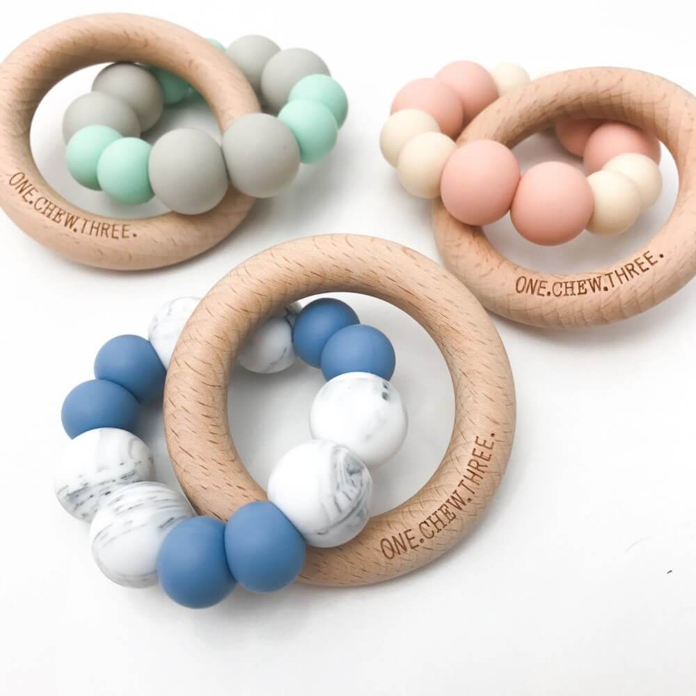 Personalised Silicone and Beech Wood Teether (Available in 12 Colors)