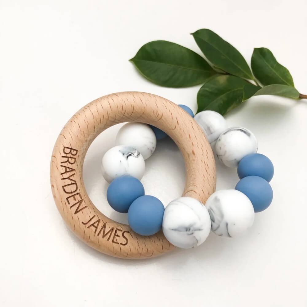 Personalised Silicone and Beech Wood Teether (Available in 12 Colors)