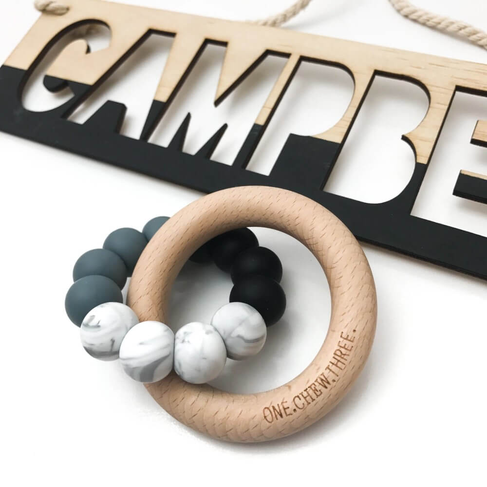 Personalised Silicone and Beech Wood Teether (Available in 12 Colors)