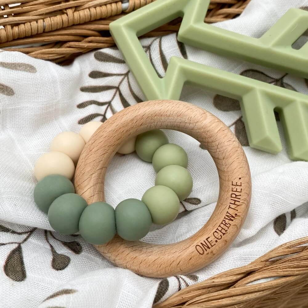 Personalised Silicone and Beech Wood Teether (Available in 12 Colors)