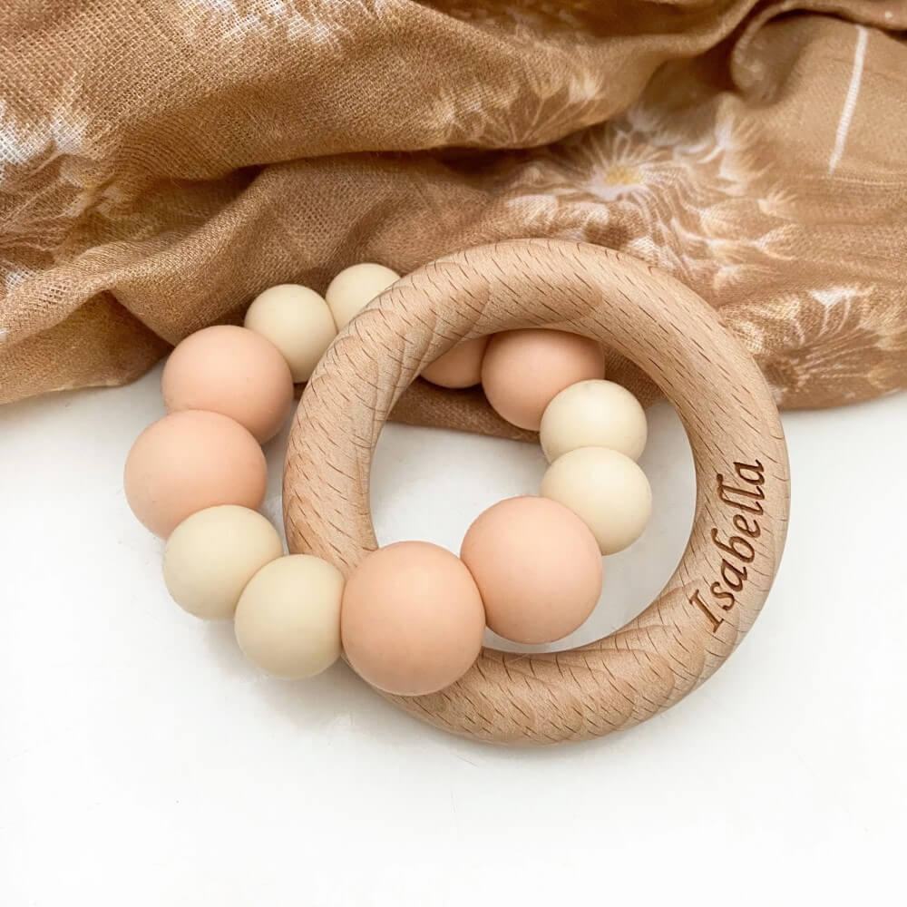 Personalised Silicone and Beech Wood Teether (Available in 12 Colors)