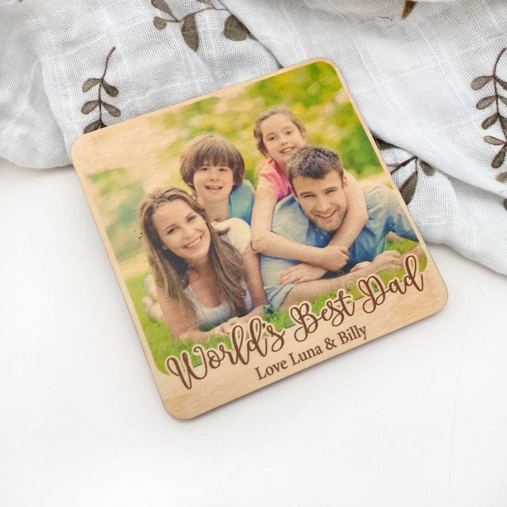 Personalised Timber Photo Coasters Set - "World's Best" With PHOTO