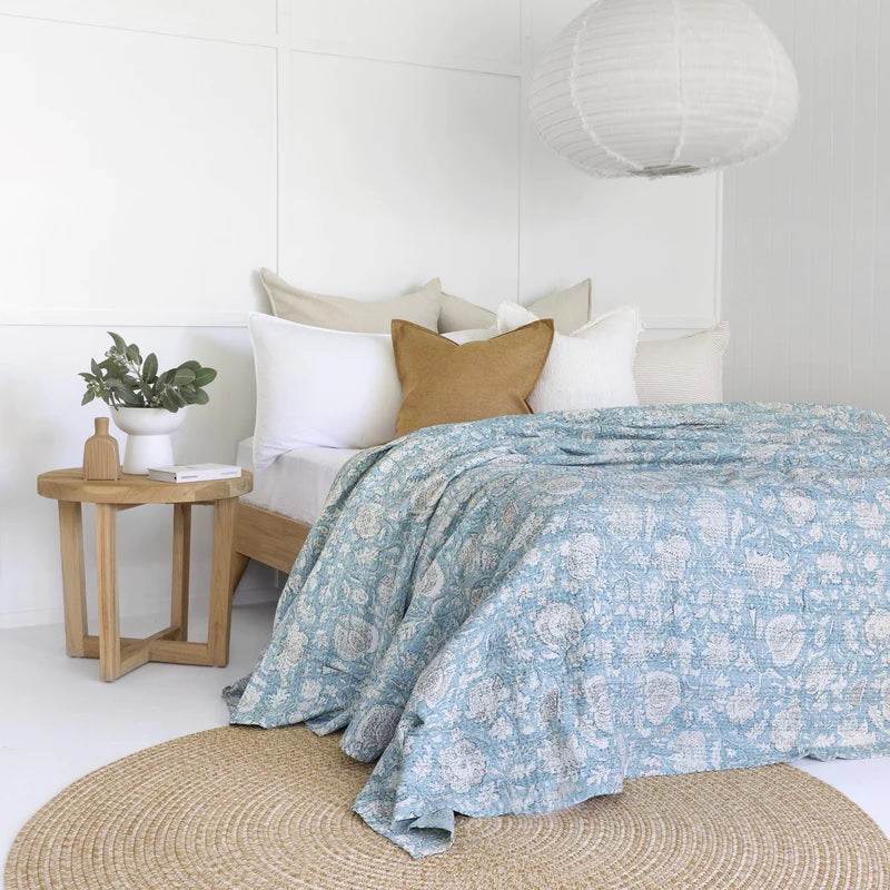 Petal Whispers in Sky Blue Cotton Bedspread
