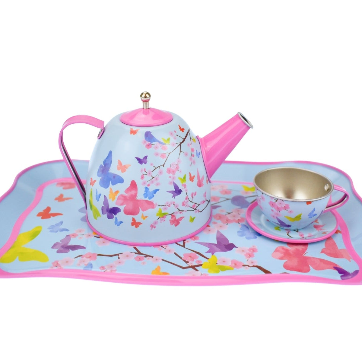 Pink Blossom Butterfly Tin Tea Set - 15-Piece Delight