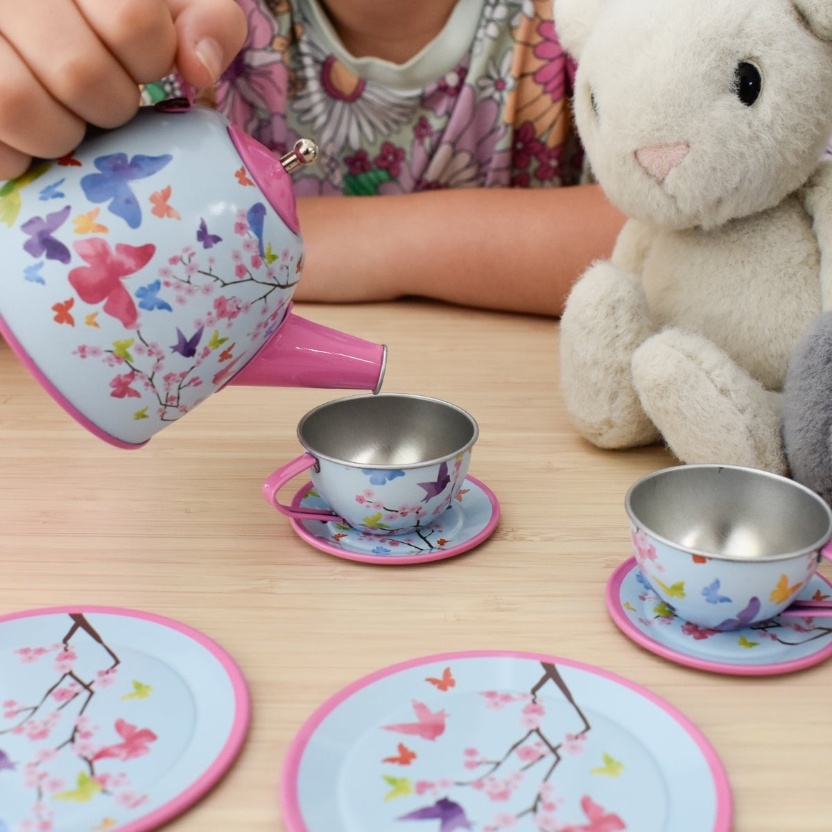 Pink Blossom Butterfly Tin Tea Set - 15-Piece Delight