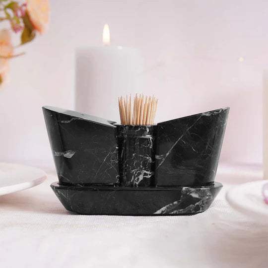 Polished Stone Salt and Pepper With Tray - Black