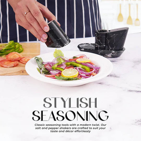 Polished Stone Salt and Pepper With Tray - Black