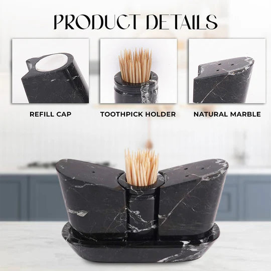 Polished Stone Salt and Pepper With Tray - Black