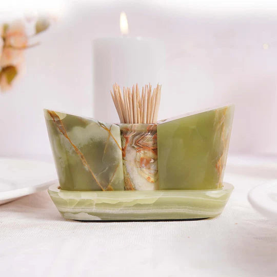 Polished Stone Salt and Pepper With Tray - Green