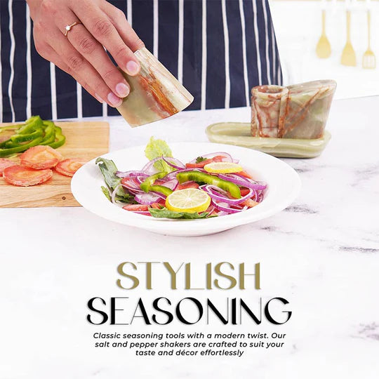 Polished Stone Salt and Pepper With Tray - Green