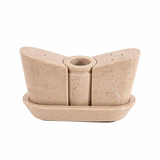 Polished Stone Salt and Pepper With Tray - Light Brown