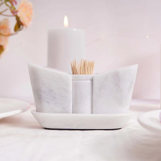 Polished Stone Salt and Pepper With Tray - White