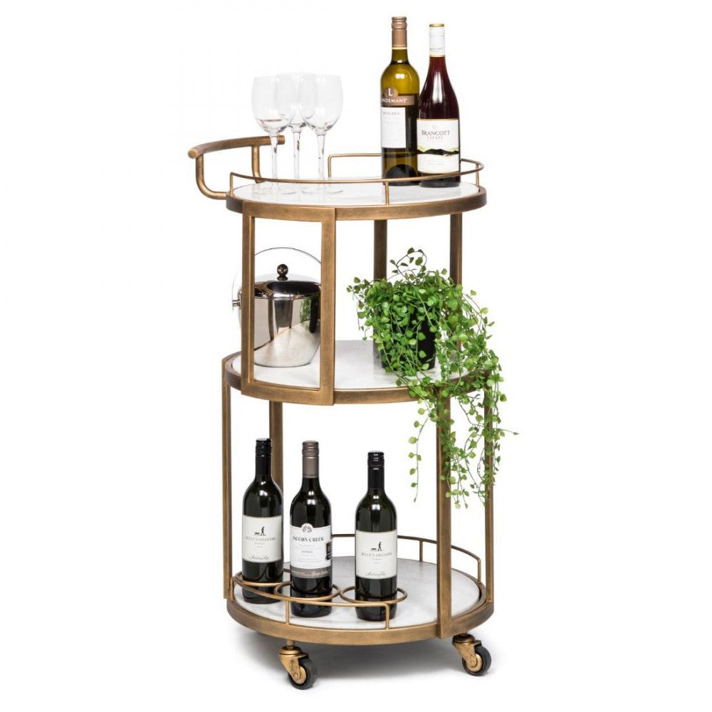 Circular White Marble 3 Tier Drinks Bar Cart