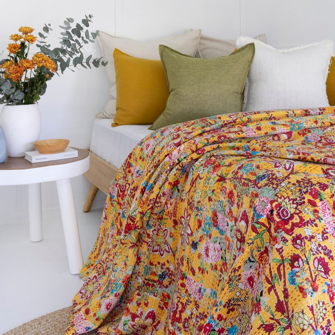 Radiant Blossoms Inspired Yellow Bedspread King Size