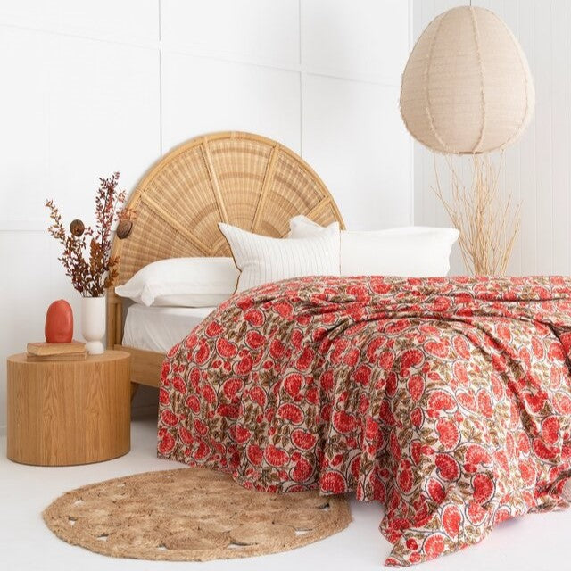 Red floral Designed Hand Stitched Cotton Doona
