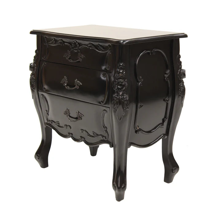Refined Rococo Three-Drawer Nightstand - Black