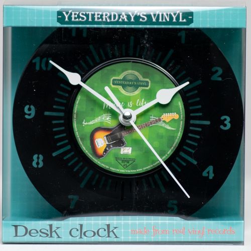 Retro Vinyl Desk Clock - Guitar & ‘Music Is Life’ Theme - 18cms