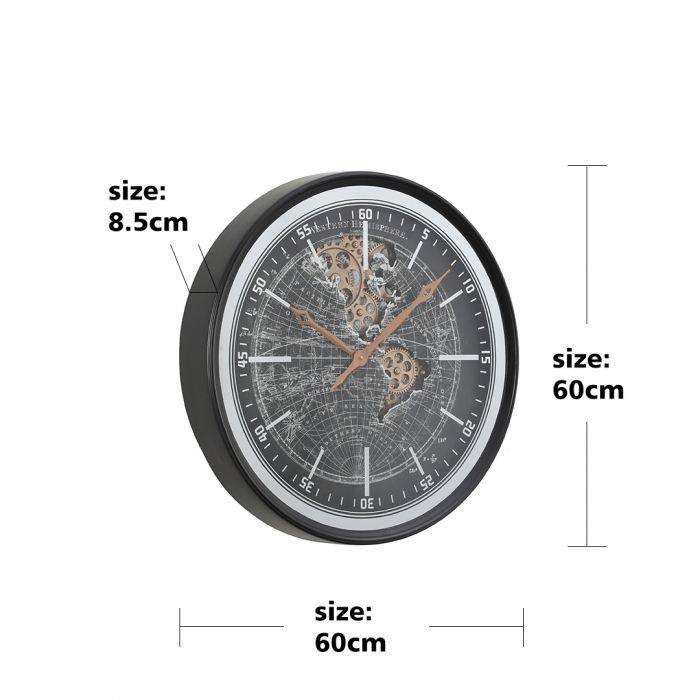 Round Atlas Western Hemisphere Gear Movement Wall Clock- 60cms