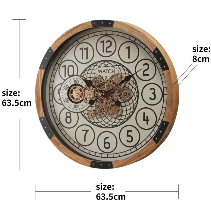 Round Bloomfield Wooden Moving Gear Wall Clock - 63.5cms