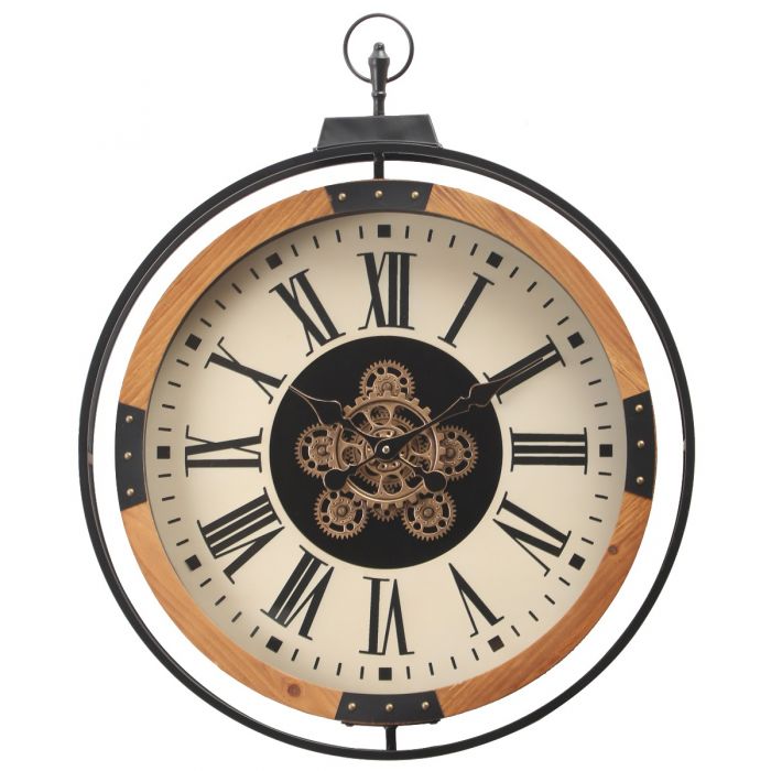 Round Clayton FOB Wooden Moving Cogs Wall Clock - 60cms