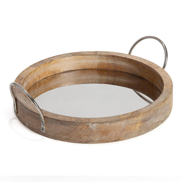 Round Mirror Mango Wood Tray with Handles - 33×11x13cms
