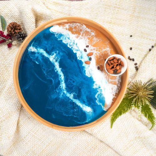 Round Ocean Vibes Bamboo Resin Serving Tray