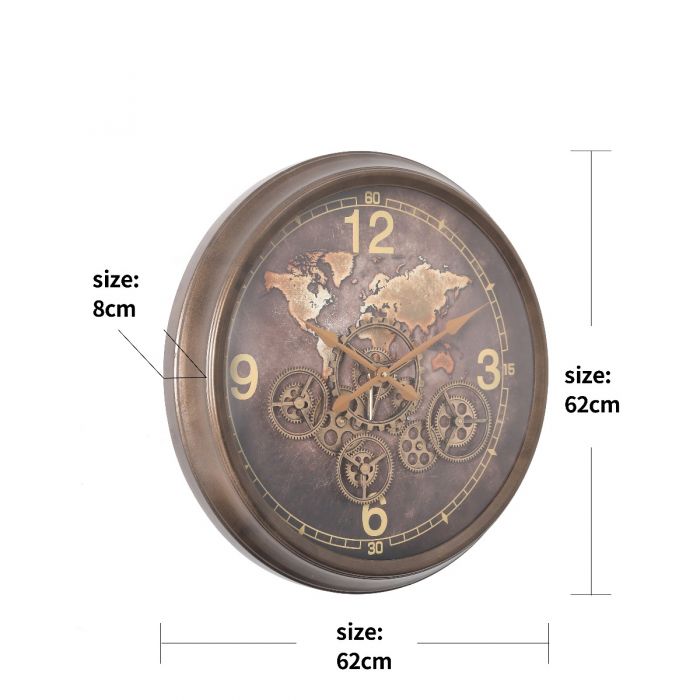 Round World Gear Movement Wall Clock - 62cms