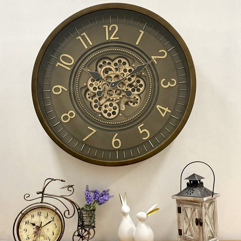 Royal Industrial Rotating Gears Clock 60cms - Coffee