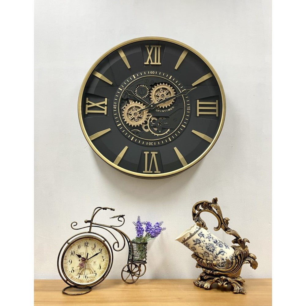 Royal Map Designed Rotating Gears Clock 60cms - Black