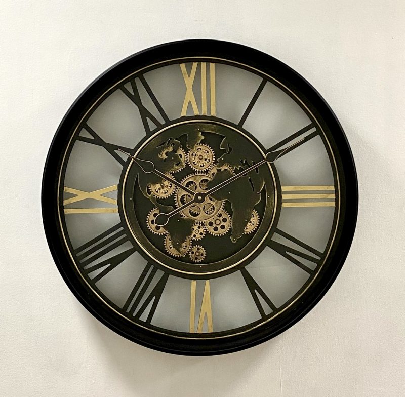 Royal Map Designed Rotating Gears Clock 60cms - Black