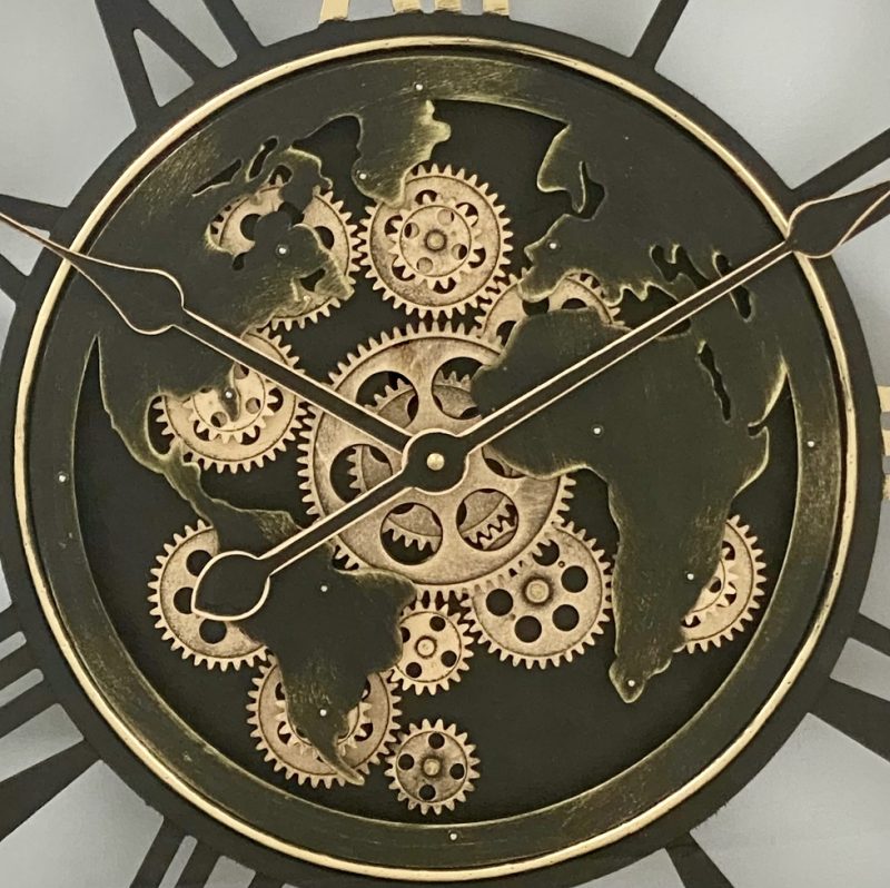Royal Map Designed Rotating Gears Clock 60cms - Black