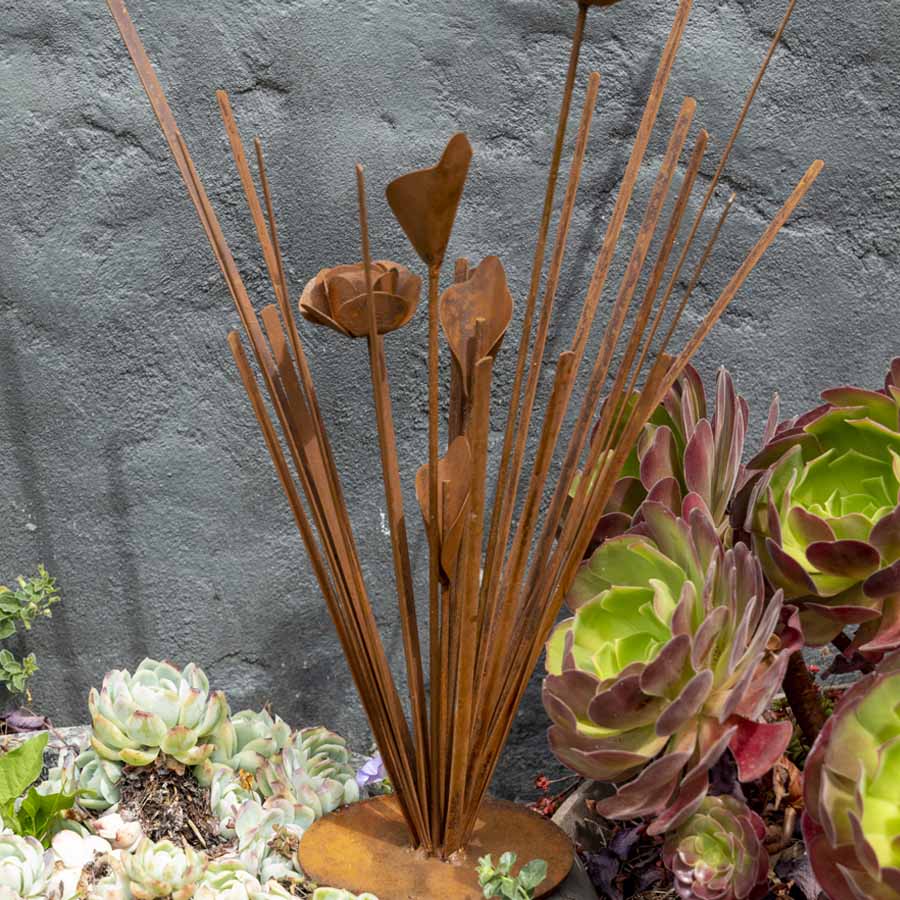 Rust Grassy Plant & Flowers on Base Garden Decor