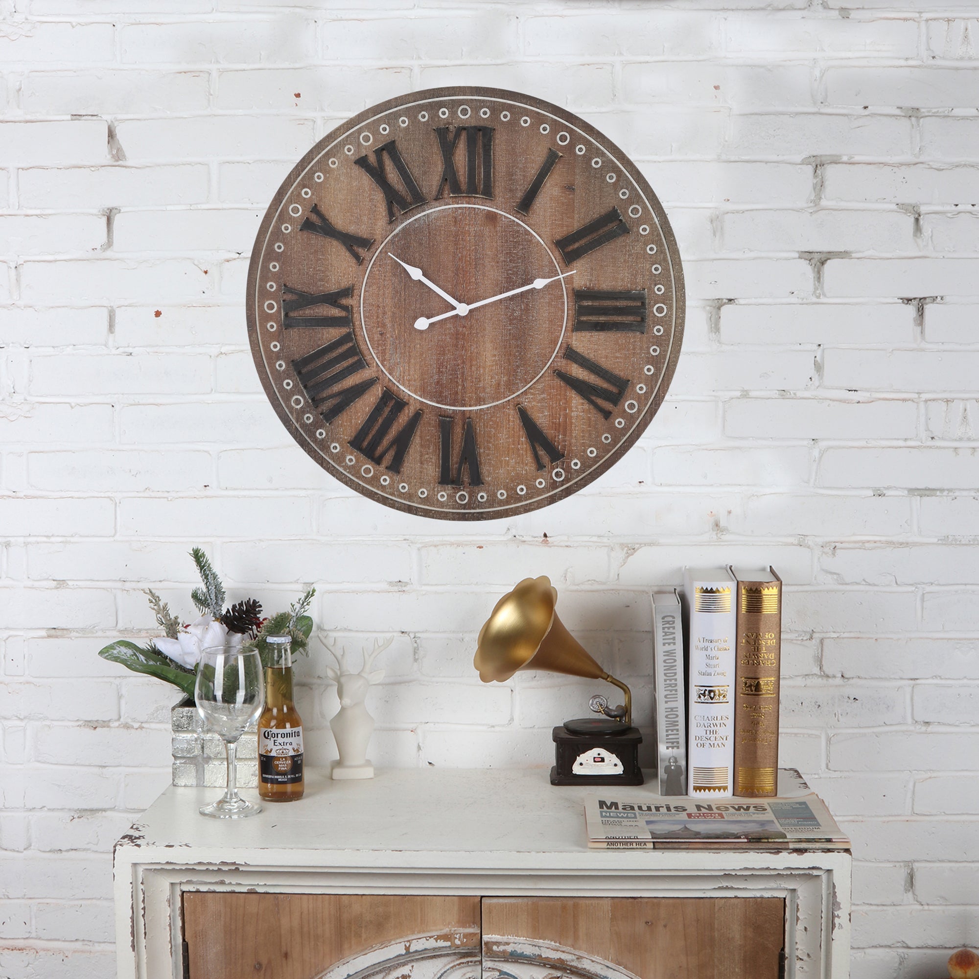 Rustic White/Black Roman Numeral Wall Clock - 60cms