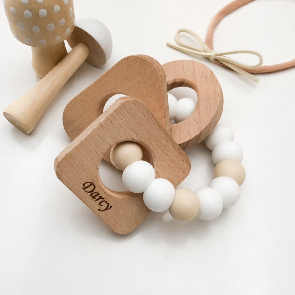 Personalised SHAPES Silicone and Wood Teether (Available in 6 Colours)