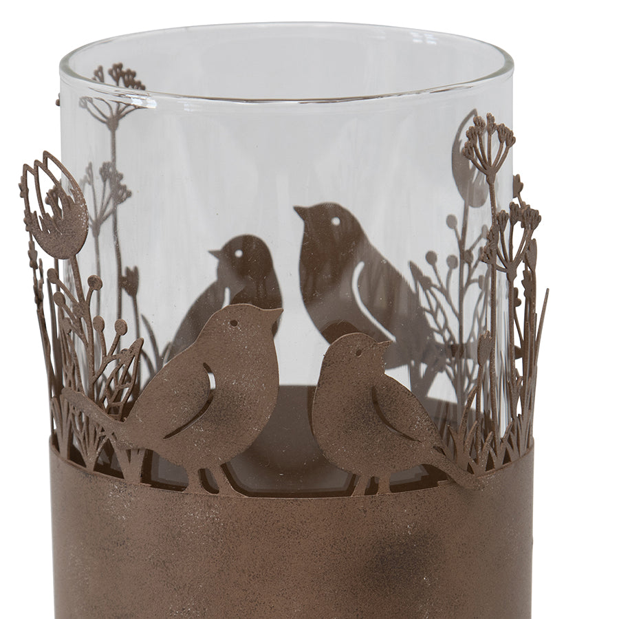 Set of 2 Glass Candleholders in Low Rust Base with Love Birds