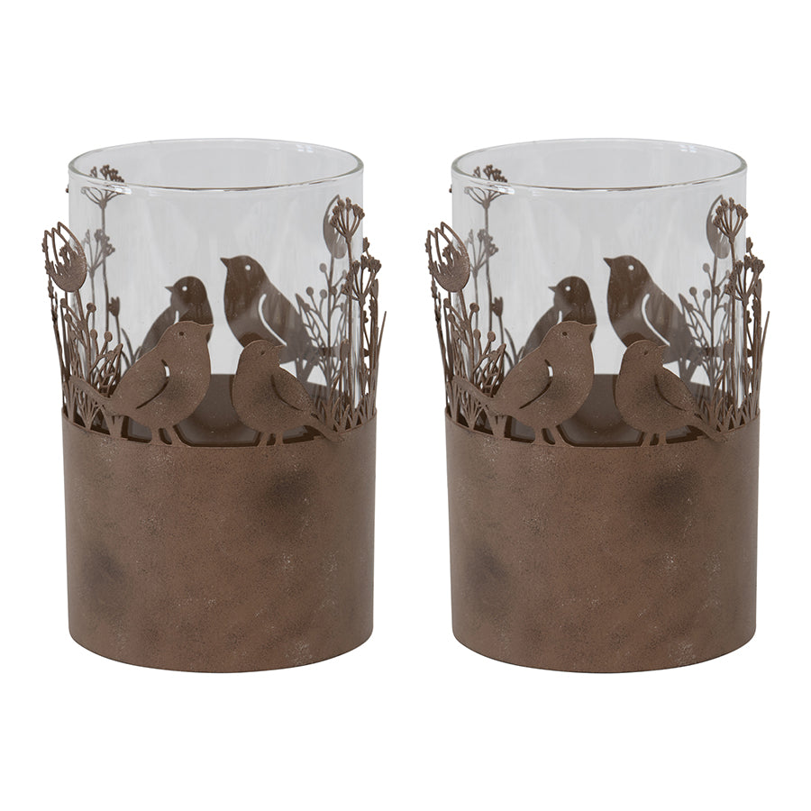 Set of 2 Glass Candleholders in Low Rust Base with Love Birds