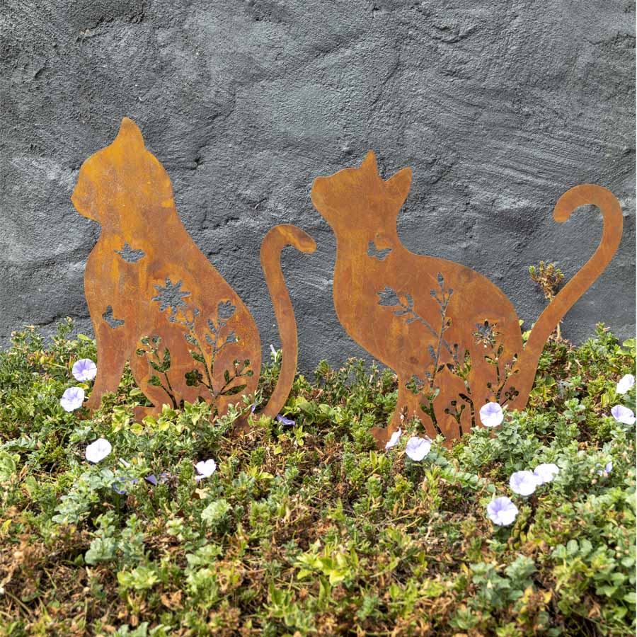 Set of 2 Assorted Rust Lasercut Sitting Cat Stakes